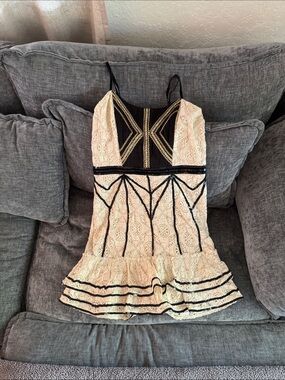 Free People Cream Lace Mini Dress with Black Sequin Trim